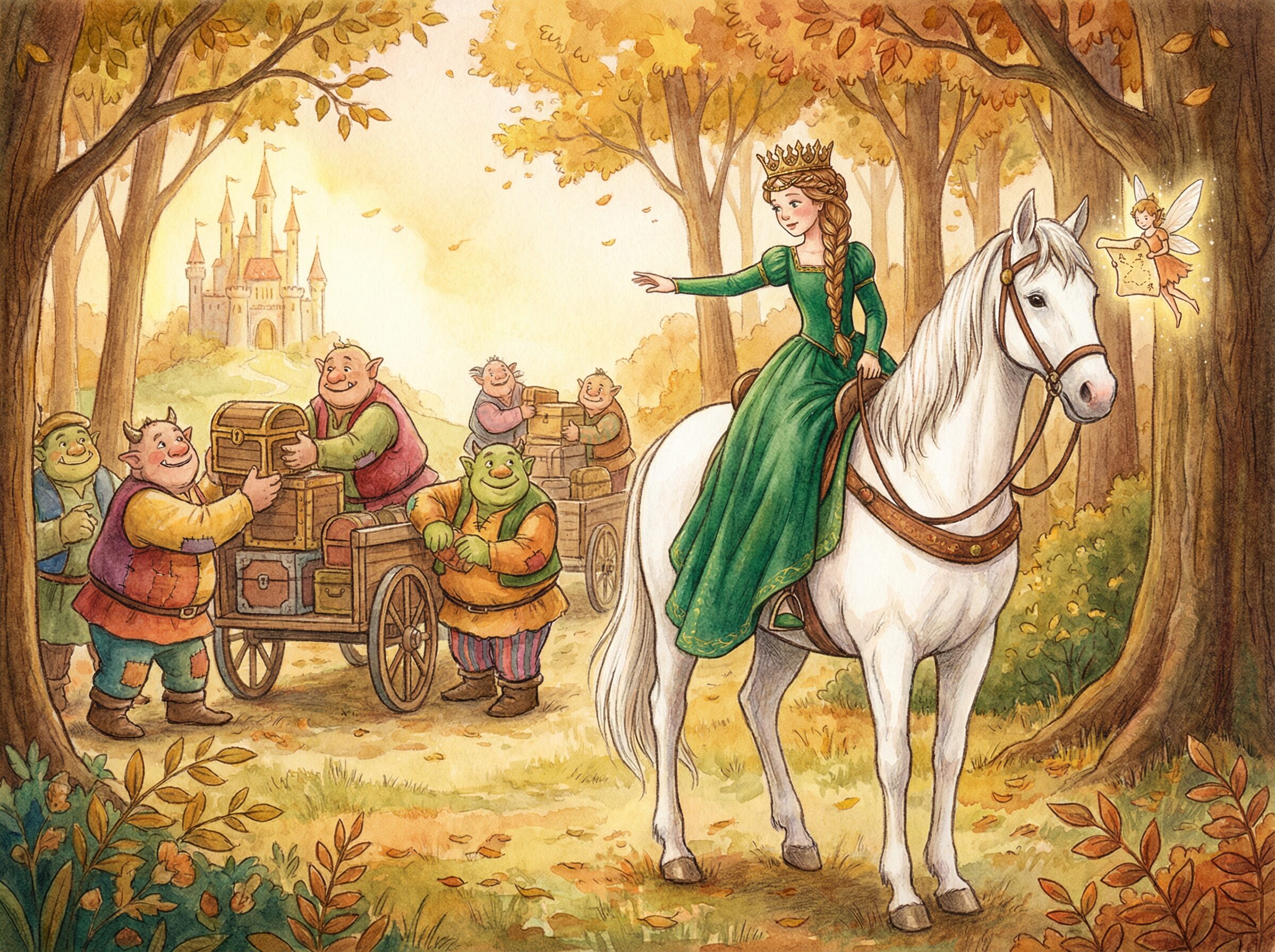 A storybook-style illustration of Princess Elara studying a glowing map while friendly ogres pull wagons along autumn trade routes.