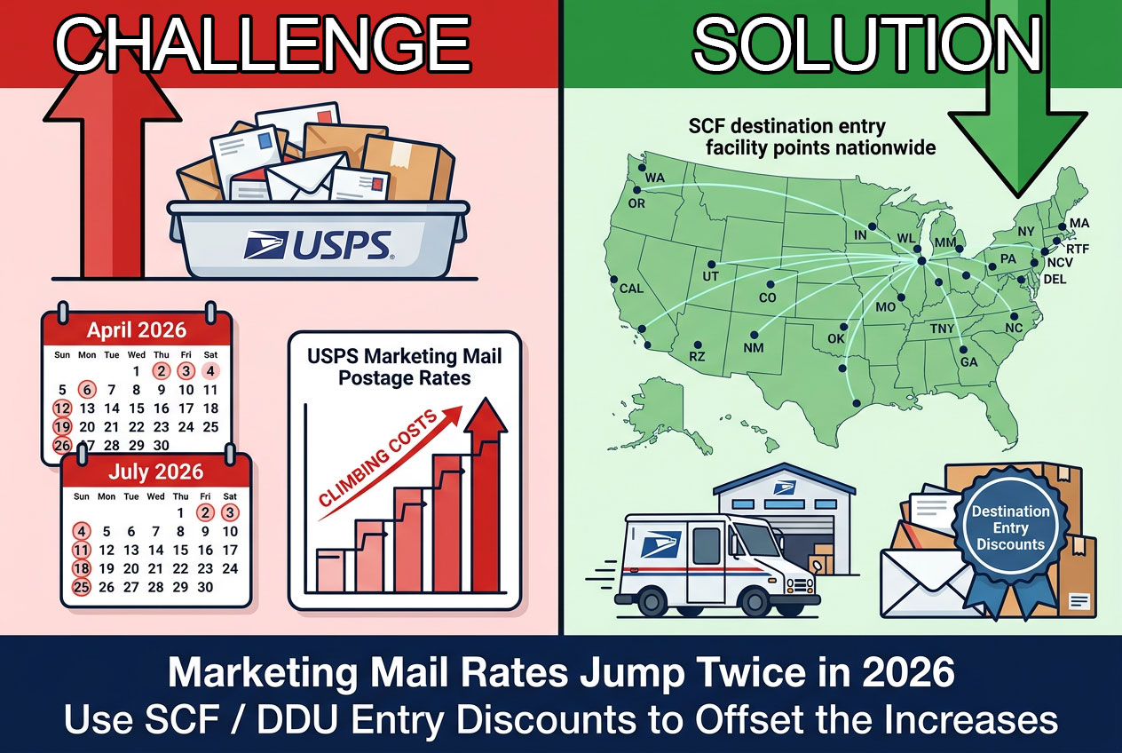 USPS rates increase twice in 2026 — April and July. Here's what it means for your direct mail freight costs and which destination entry discounts offset the hits.